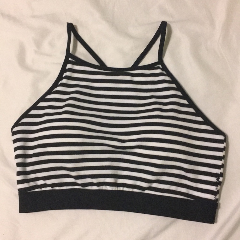 Black and white striped sports bra